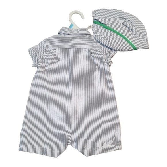 Little Me Blue Striped Embroidered Sailboat Romper With Hat Size 9M - Picture 2 of 2